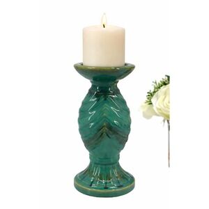 Vintage Ceramic Candle Holder Art Pottery Aqua Green Drip Glaze 10" Tall *See